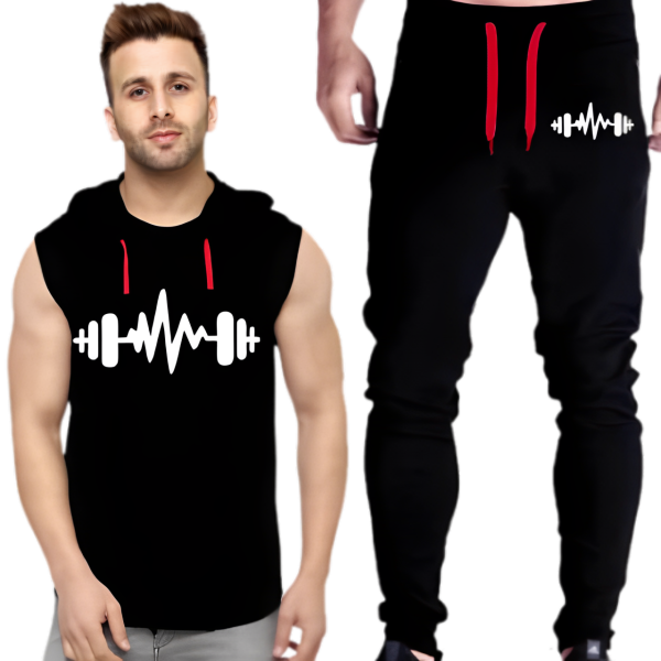 Black Vinyl Dumble Printed Gym Summer Hooded Sleeveless Tracksuit For Mens (hooded + Trouser)