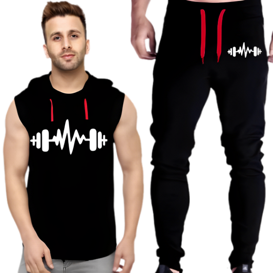 Black Vinyl Dumble Printed Gym Summer Hooded Sleeveless Tracksuit For Mens (hooded + Trouser)